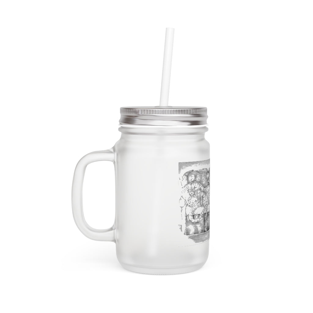 A stylish Tiger on a Couch Mason Jar made of frosted glass, featuring a straw and lid, perfect for drinks.