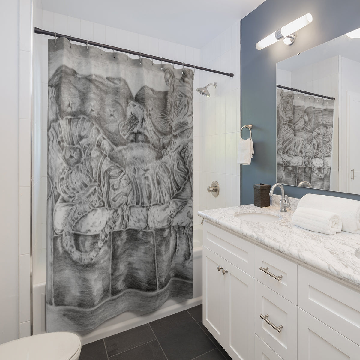 A vibrant shower curtain featuring a tiger lounging on a couch, made from durable polyester, perfect for adding style to any bathroom.