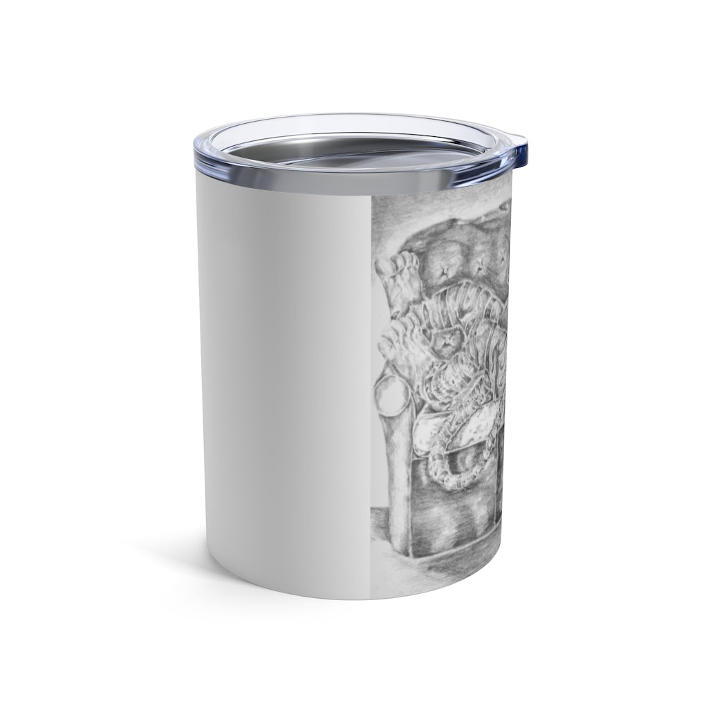 A stylish 10oz stainless steel tumbler featuring a tiger design, with a see-thru plastic lid, perfect for hot and cold beverages.