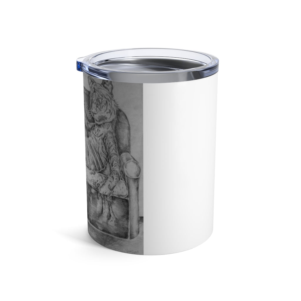 A stylish 10oz stainless steel tumbler featuring a tiger design, with a see-thru plastic lid, perfect for hot and cold beverages.