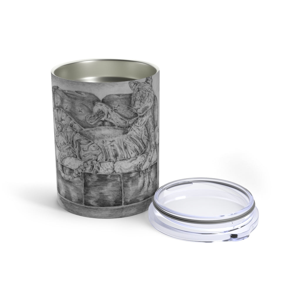 A stylish 10oz stainless steel tumbler featuring a tiger design, with a see-thru plastic lid, perfect for hot and cold beverages.