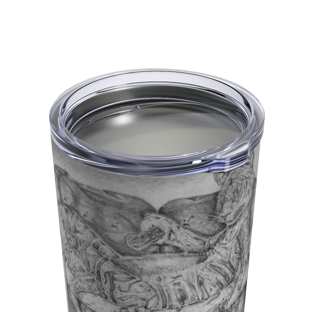 A stylish 10oz stainless steel tumbler featuring a tiger design, with a see-thru plastic lid, perfect for hot and cold beverages.