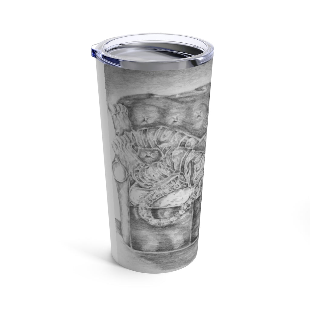 A stylish 20oz stainless steel tumbler featuring a vibrant tiger design, perfect for travel and outdoor use.
