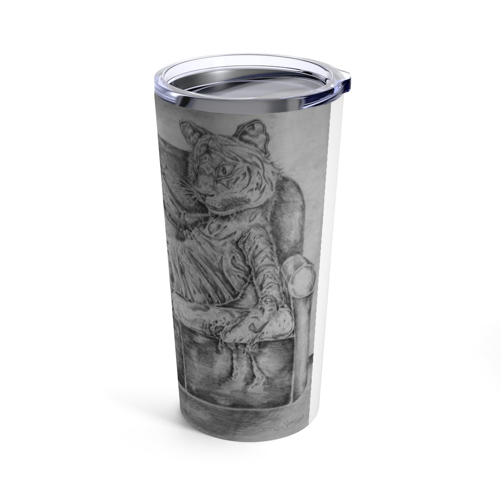 A stylish 20oz stainless steel tumbler featuring a vibrant tiger design, perfect for travel and outdoor use.