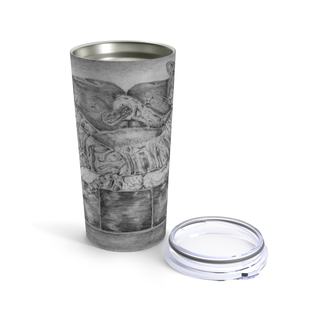 A stylish 20oz stainless steel tumbler featuring a vibrant tiger design, perfect for travel and outdoor use.