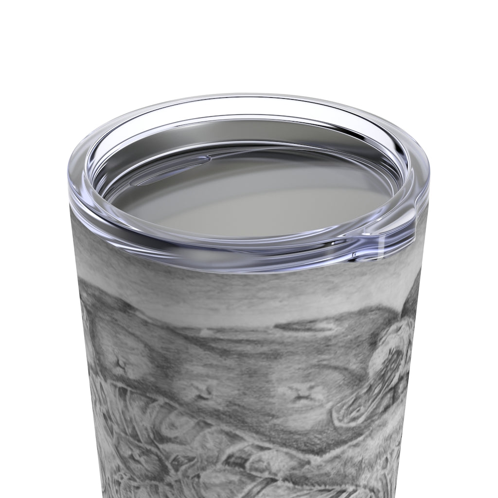 A stylish 20oz stainless steel tumbler featuring a vibrant tiger design, perfect for travel and outdoor use.