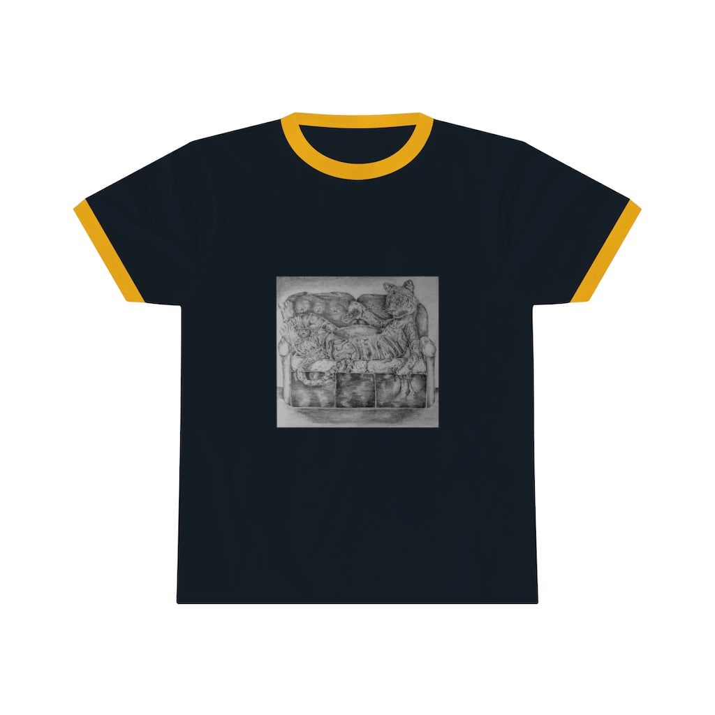 Tiger on a Couch Unisex Ringer Tee featuring a classic design with contrasting colors, perfect for summer wear.