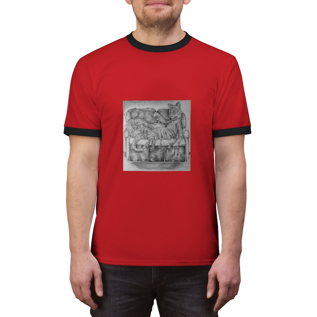 Tiger on a Couch Unisex Ringer Tee featuring a classic design with contrasting colors, perfect for summer wear.