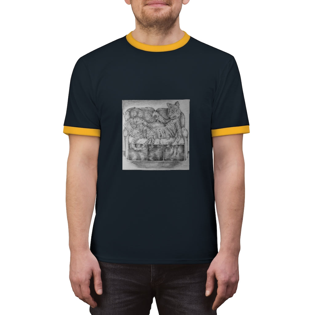 Tiger on a Couch Unisex Ringer Tee featuring a classic design with contrasting colors, perfect for summer wear.