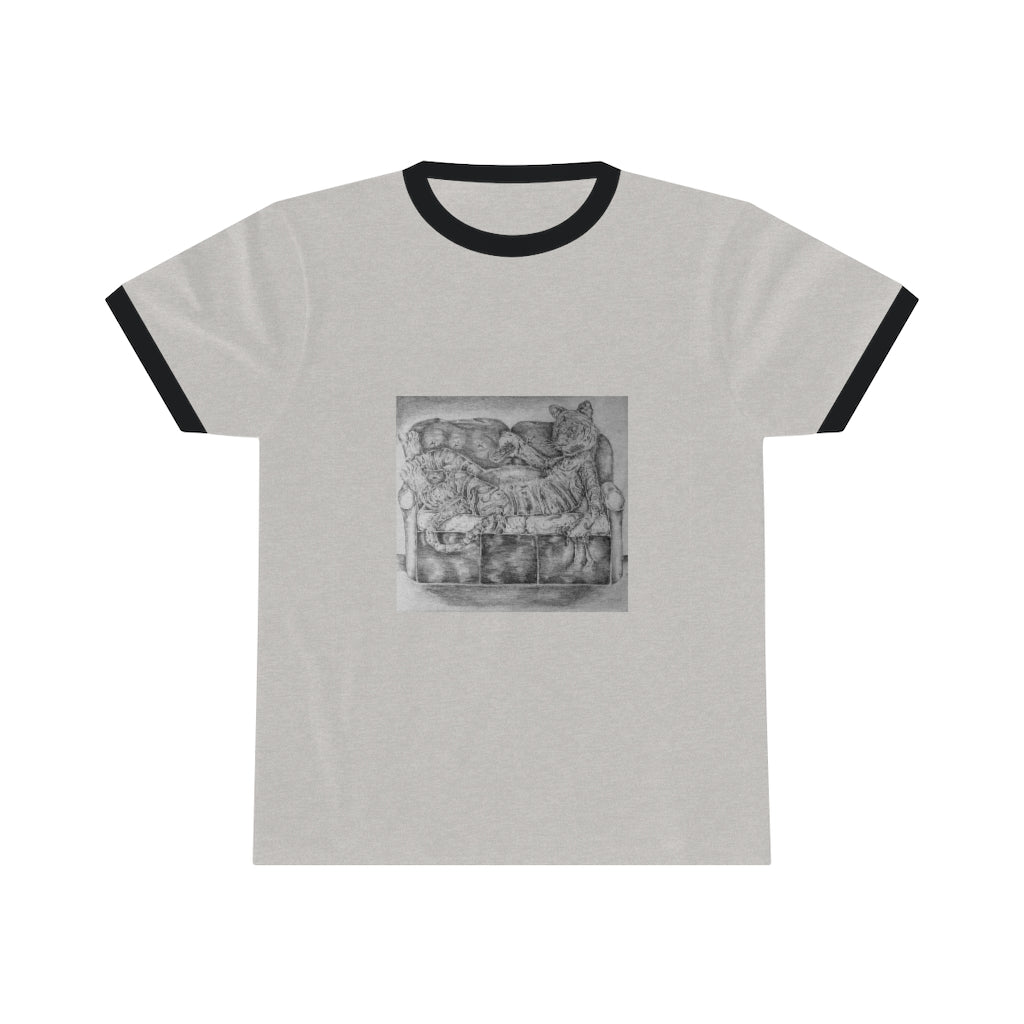 Tiger on a Couch Unisex Ringer Tee featuring a classic design with contrasting colors, perfect for summer wear.