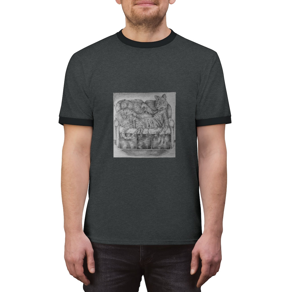 Tiger on a Couch Unisex Ringer Tee featuring a classic design with contrasting colors, perfect for summer wear.