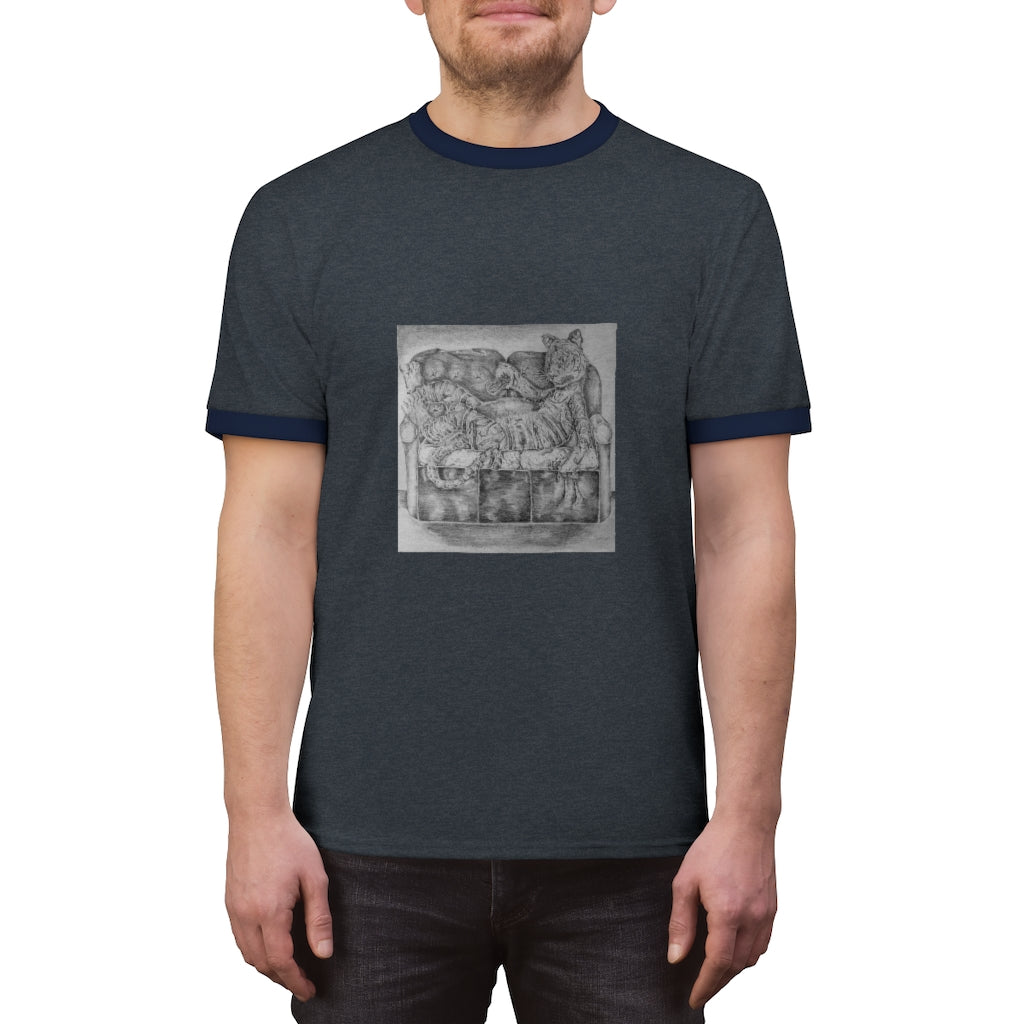 Tiger on a Couch Unisex Ringer Tee featuring a classic design with contrasting colors, perfect for summer wear.