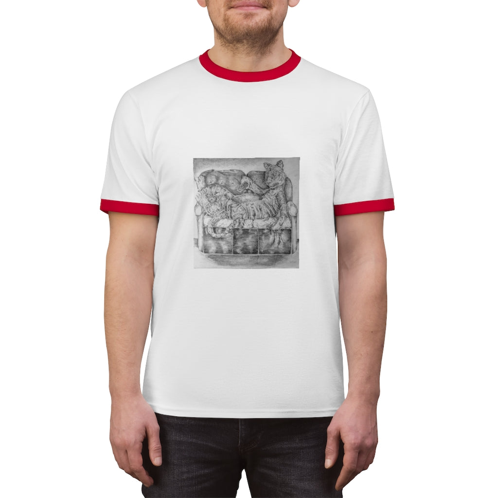 Tiger on a Couch Unisex Ringer Tee featuring a classic design with contrasting colors, perfect for summer wear.