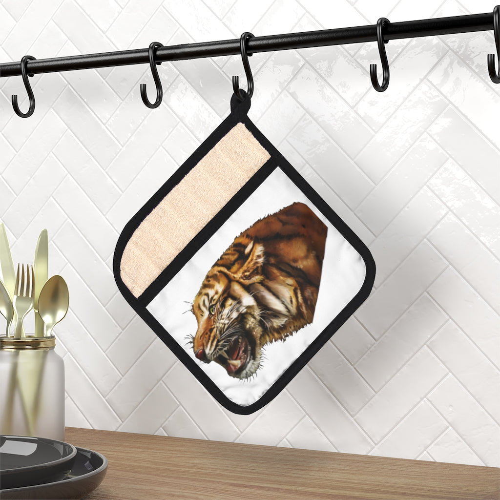 Stylish Tiger Pot Holder with Pocket, featuring a vibrant tiger design and a convenient hanging loop.