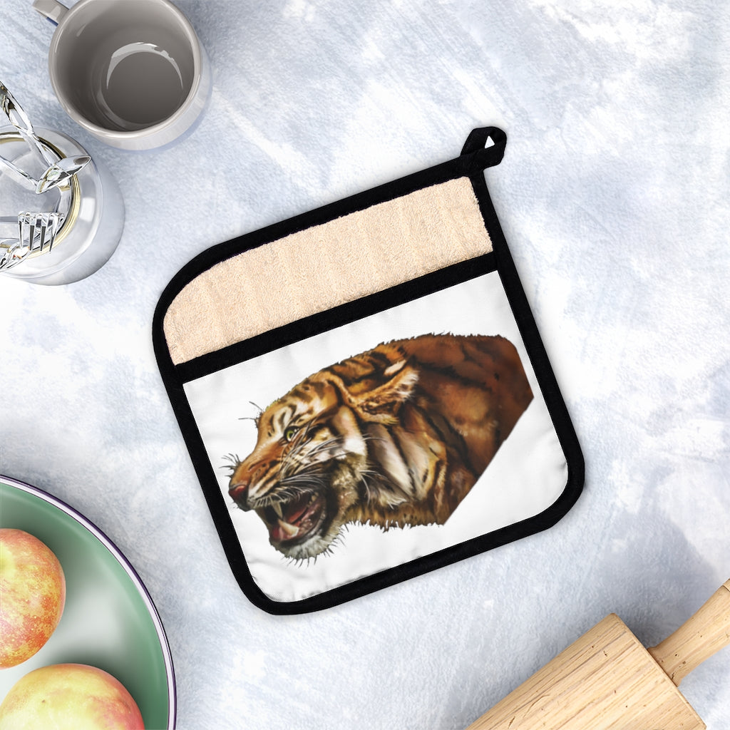 Stylish Tiger Pot Holder with Pocket, featuring a vibrant tiger design and a convenient hanging loop.