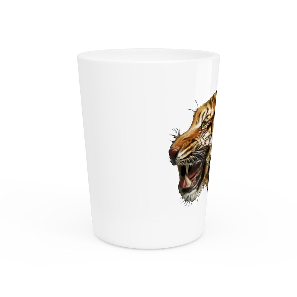 A personalized Tiger Shot Glass made of white ceramic, featuring a sleek design with a choice of black or white interior.