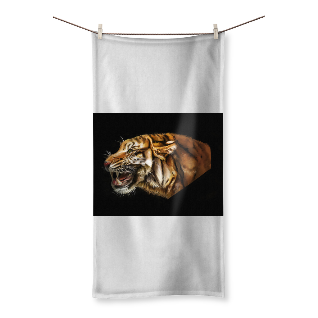Tiger Sublimation All Over Towel showcasing vibrant prints on one side and soft cotton texture on the other side.