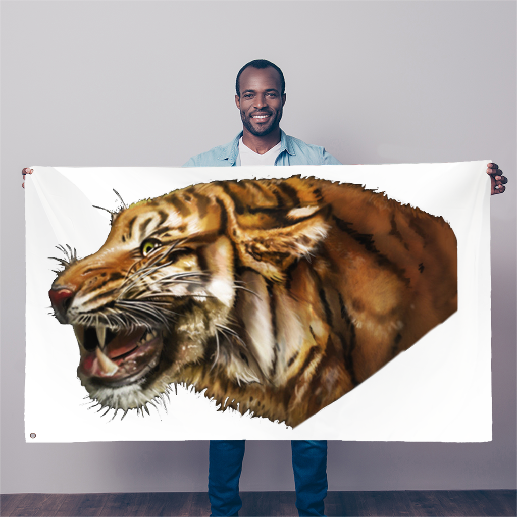 A vibrant Tiger Sublimation Flag measuring 5FT x 3FT, made from durable polyester fabric with double-stitched edges and eyelets for hanging.