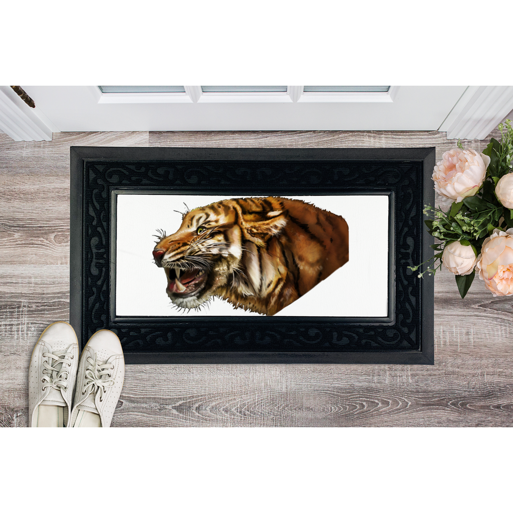 Tiger Sublimation Heavy Duty Door Mat with a customizable fabric center and non-slip rubber base, featuring a classy brush border.