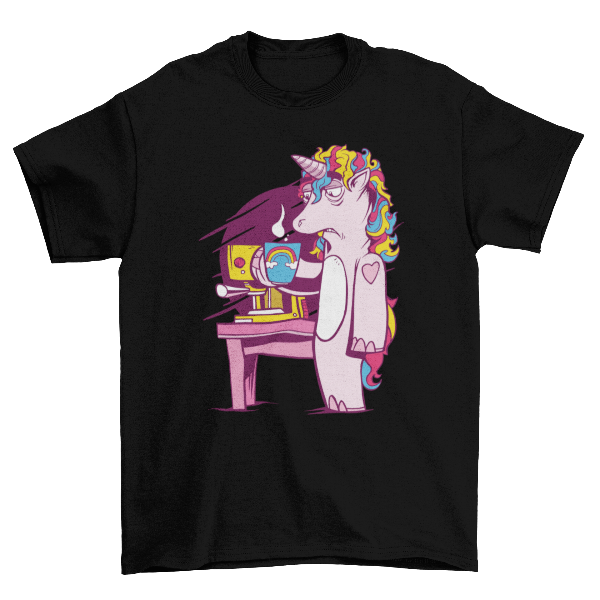 A whimsical t-shirt featuring a tired unicorn holding a cup of coffee, showcasing a colorful and playful design.