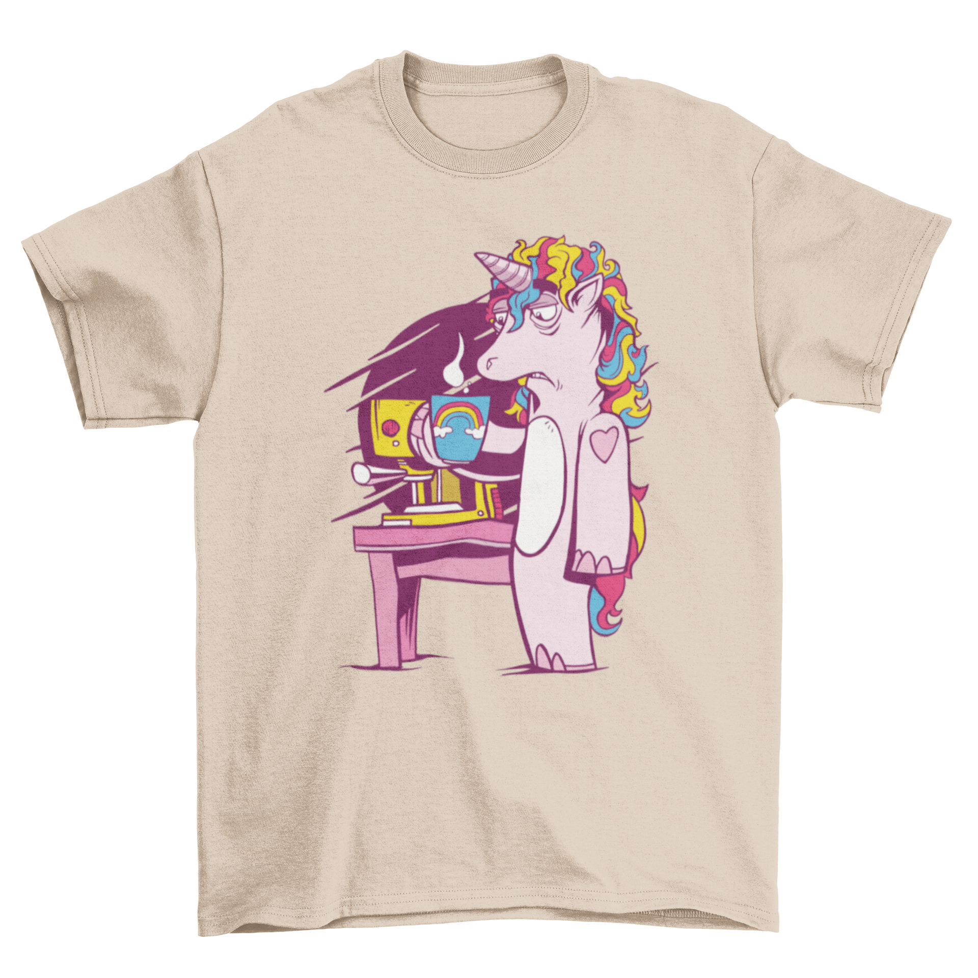 A whimsical t-shirt featuring a tired unicorn holding a cup of coffee, showcasing a colorful and playful design.