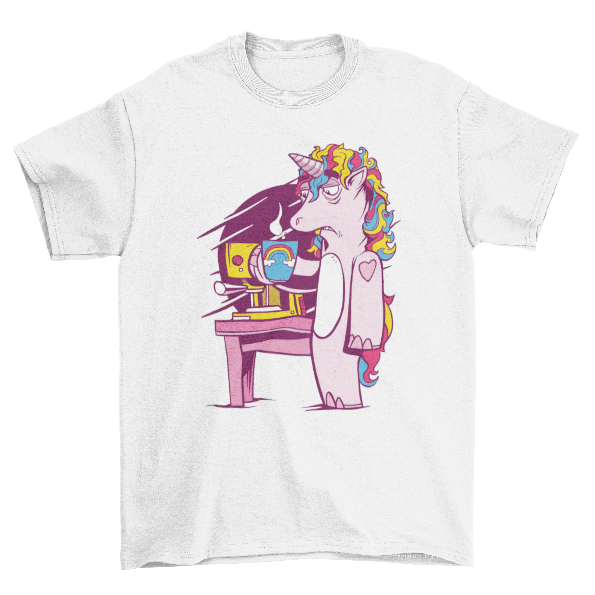 A whimsical t-shirt featuring a tired unicorn holding a cup of coffee, showcasing a colorful and playful design.
