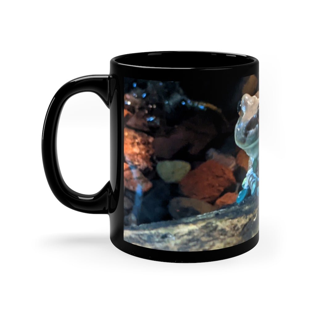 Toad 11oz black ceramic mug with a C-handle, perfect for coffee, tea, or hot chocolate, showcasing customizable designs.