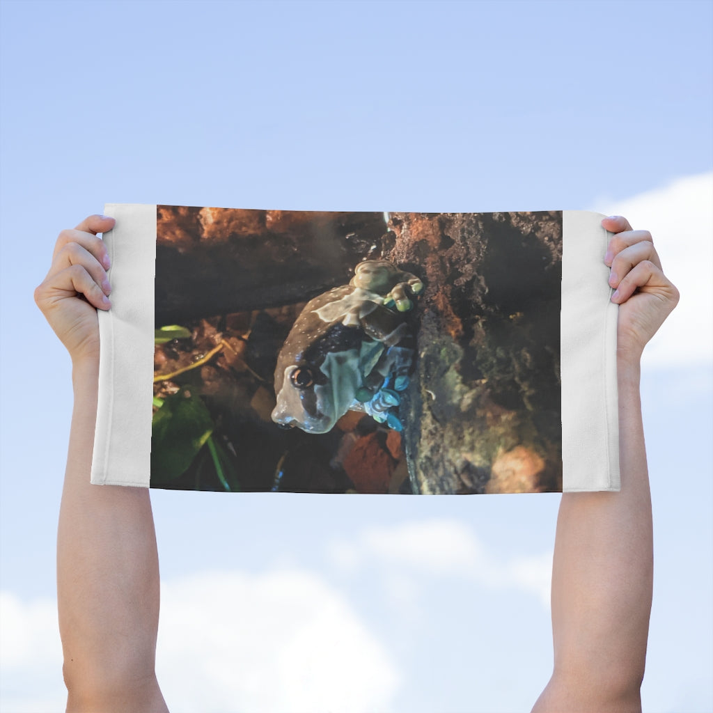 Toad Rally Towel measuring 11x18 inches, featuring a soft printed mink polyester front and absorbent cotton backing, ideal for personalization.