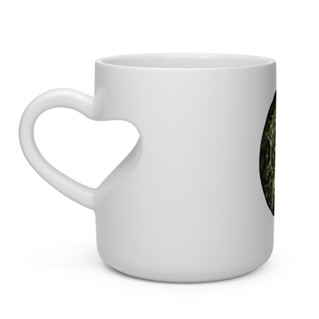 Toad Skin Heart Shape Mug in white ceramic with a heart-shaped handle, perfect for hot beverages.
