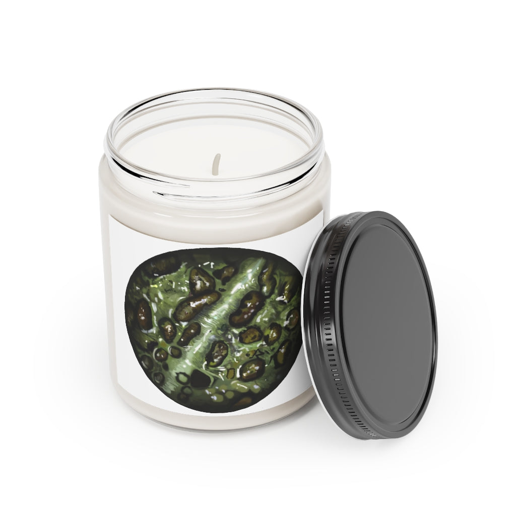Toad Skin Scented Candle in a glass container, featuring a permanent adhesive label, available in Cinnamon Stick and Vanilla fragrances.
