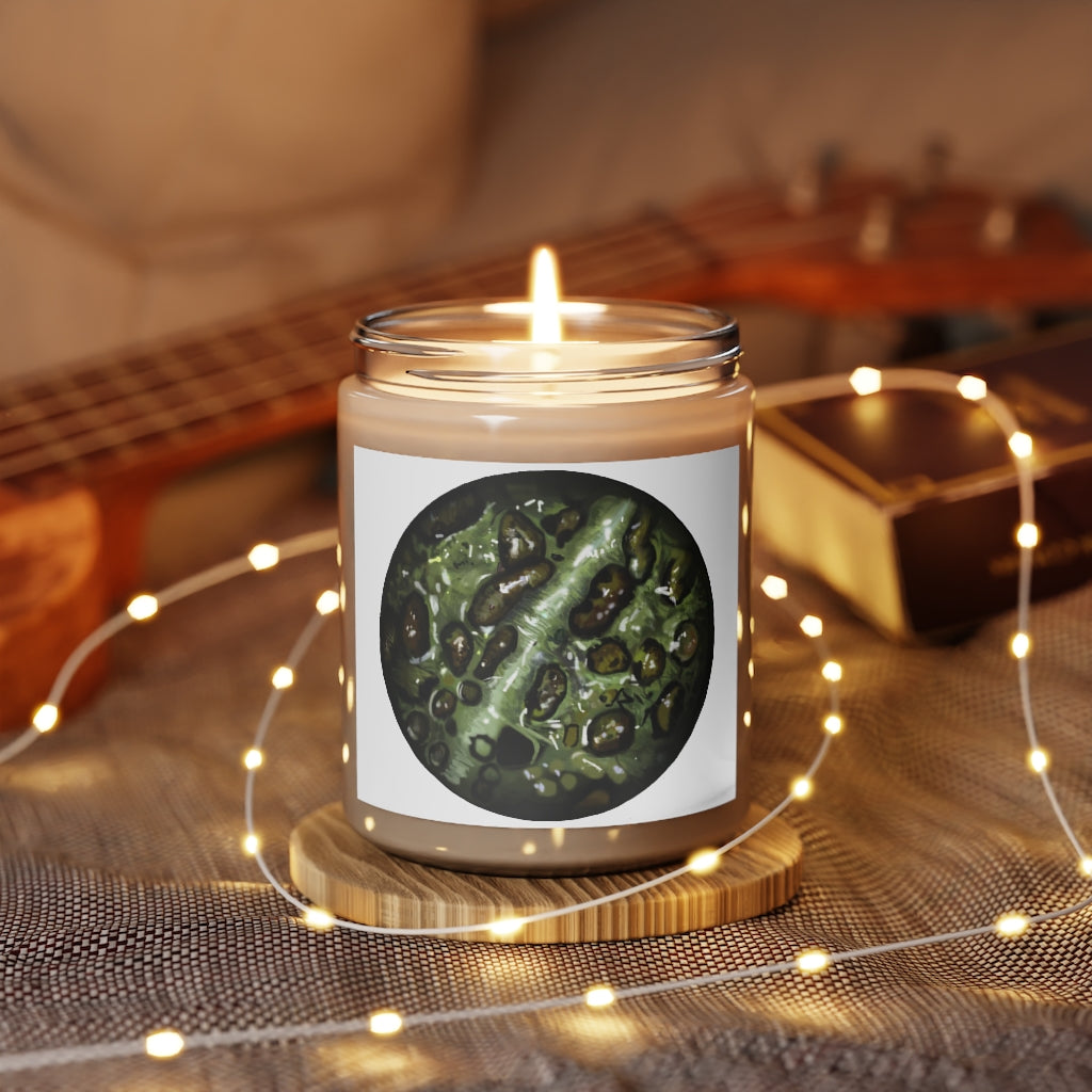 Toad Skin Scented Candle in a glass container, featuring a permanent adhesive label, available in Cinnamon Stick and Vanilla fragrances.