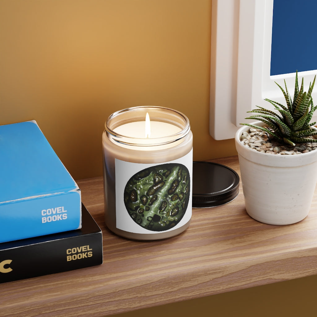 Toad Skin Scented Candle in a glass container, featuring a permanent adhesive label, available in Cinnamon Stick and Vanilla fragrances.