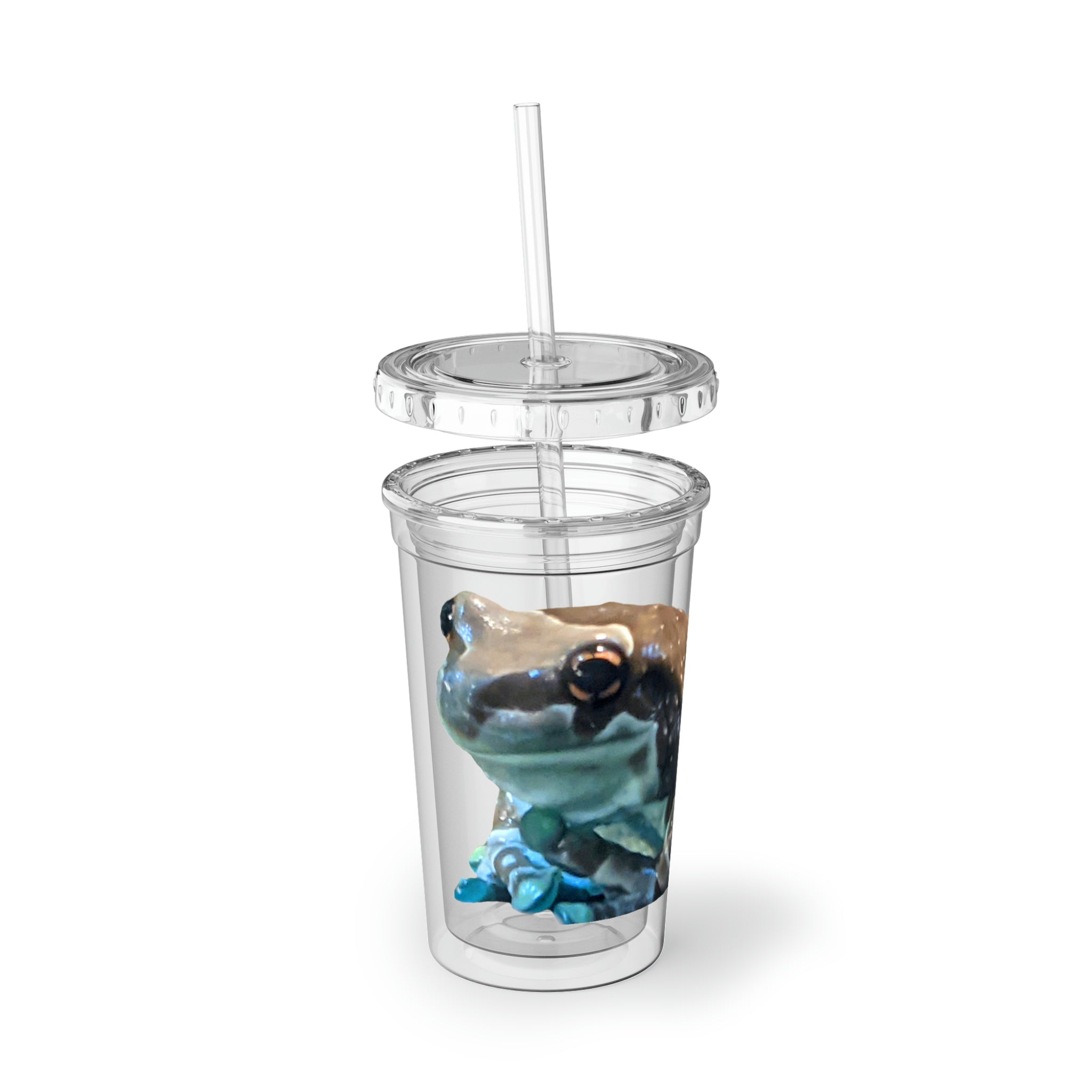 Toad Suave Acrylic Cup in stainless steel with a black screw-on cap and plastic straw, showcasing a customizable design.