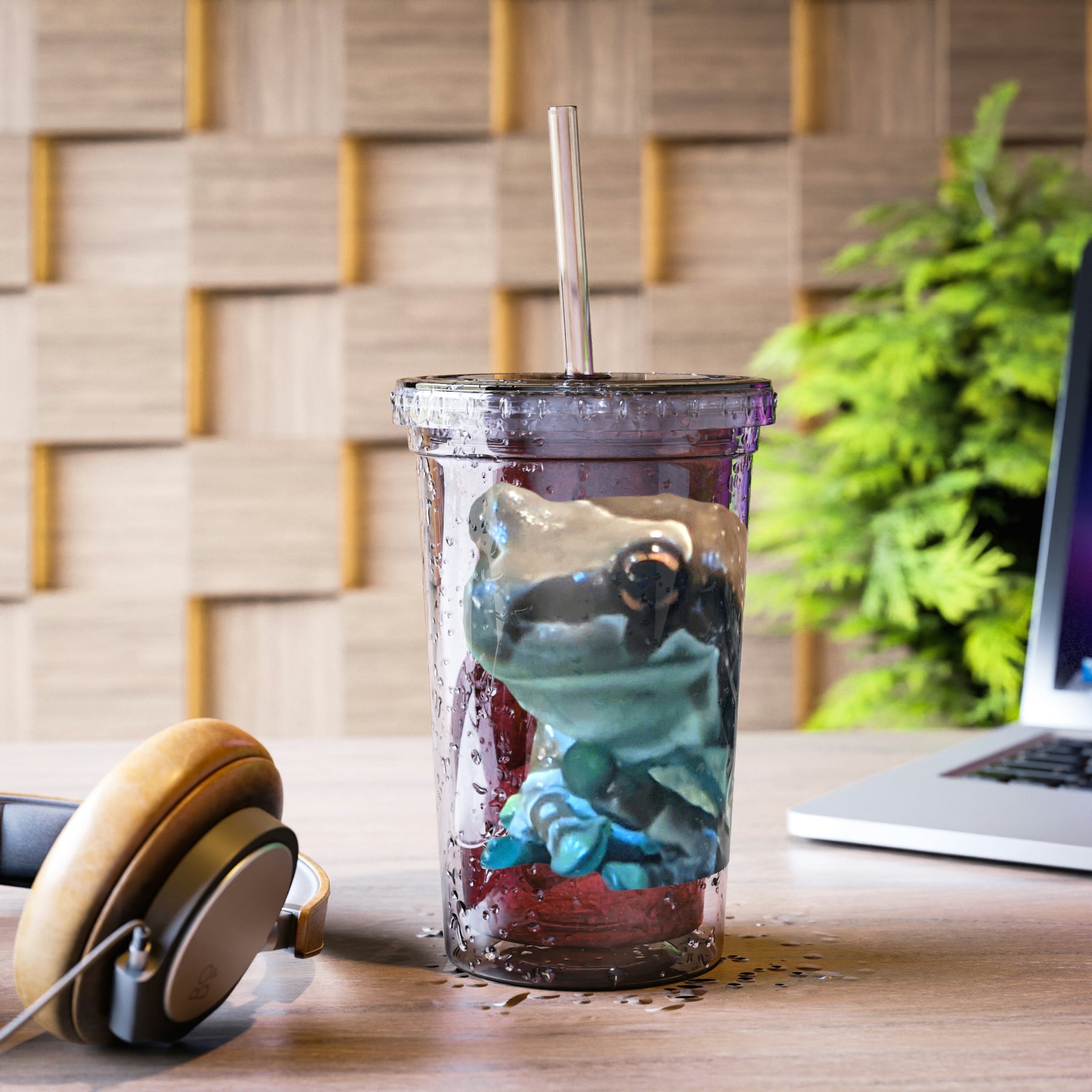 Toad Suave Acrylic Cup in stainless steel with a black screw-on cap and plastic straw, showcasing a customizable design.