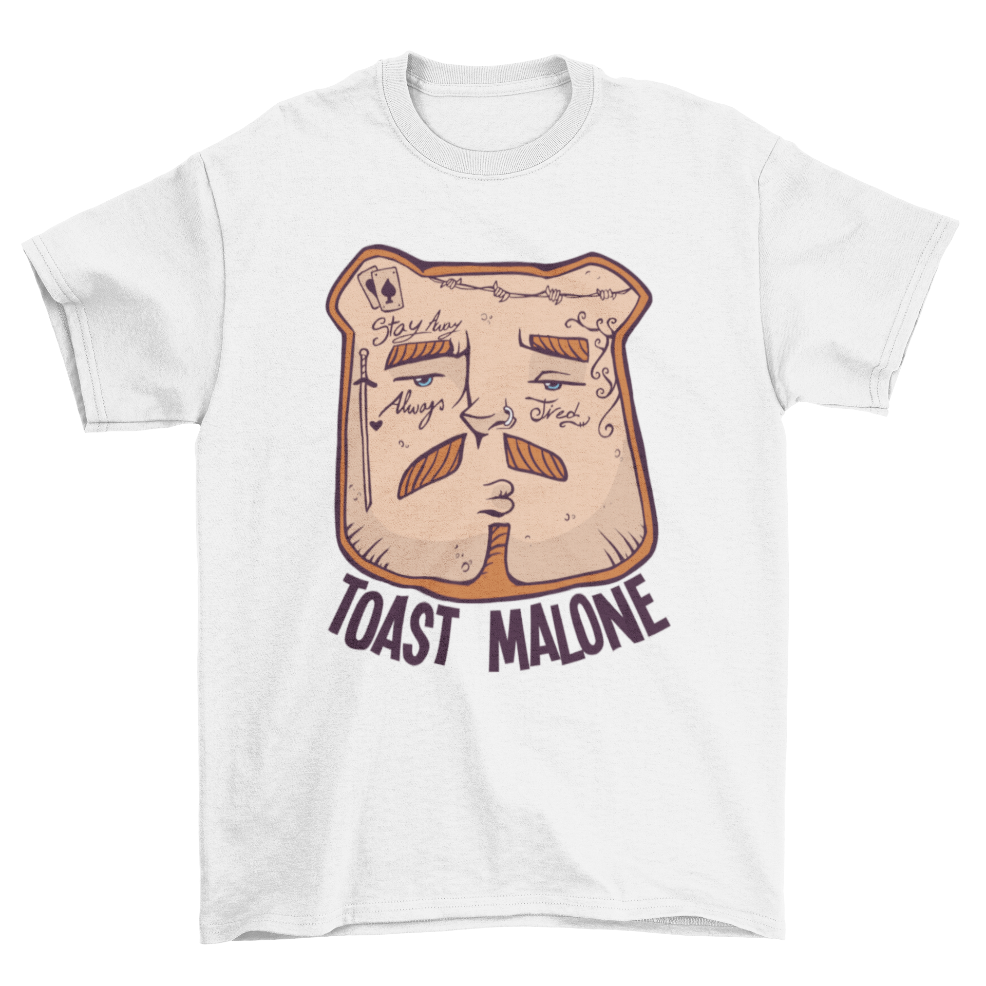 A humorous t-shirt featuring a cartoon toast with the quote 'TOAST MALONE' in bold letters.