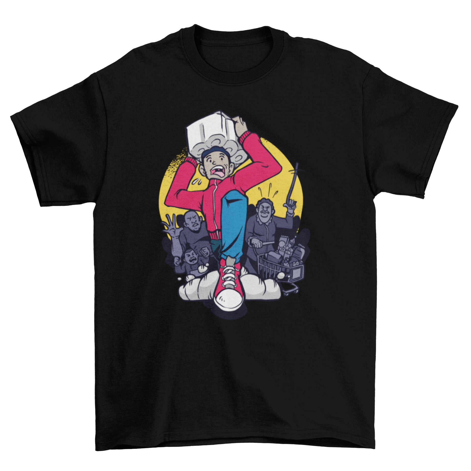 A humorous cartoon t-shirt featuring a man running with toilet paper amidst an angry mob, showcasing a playful design.