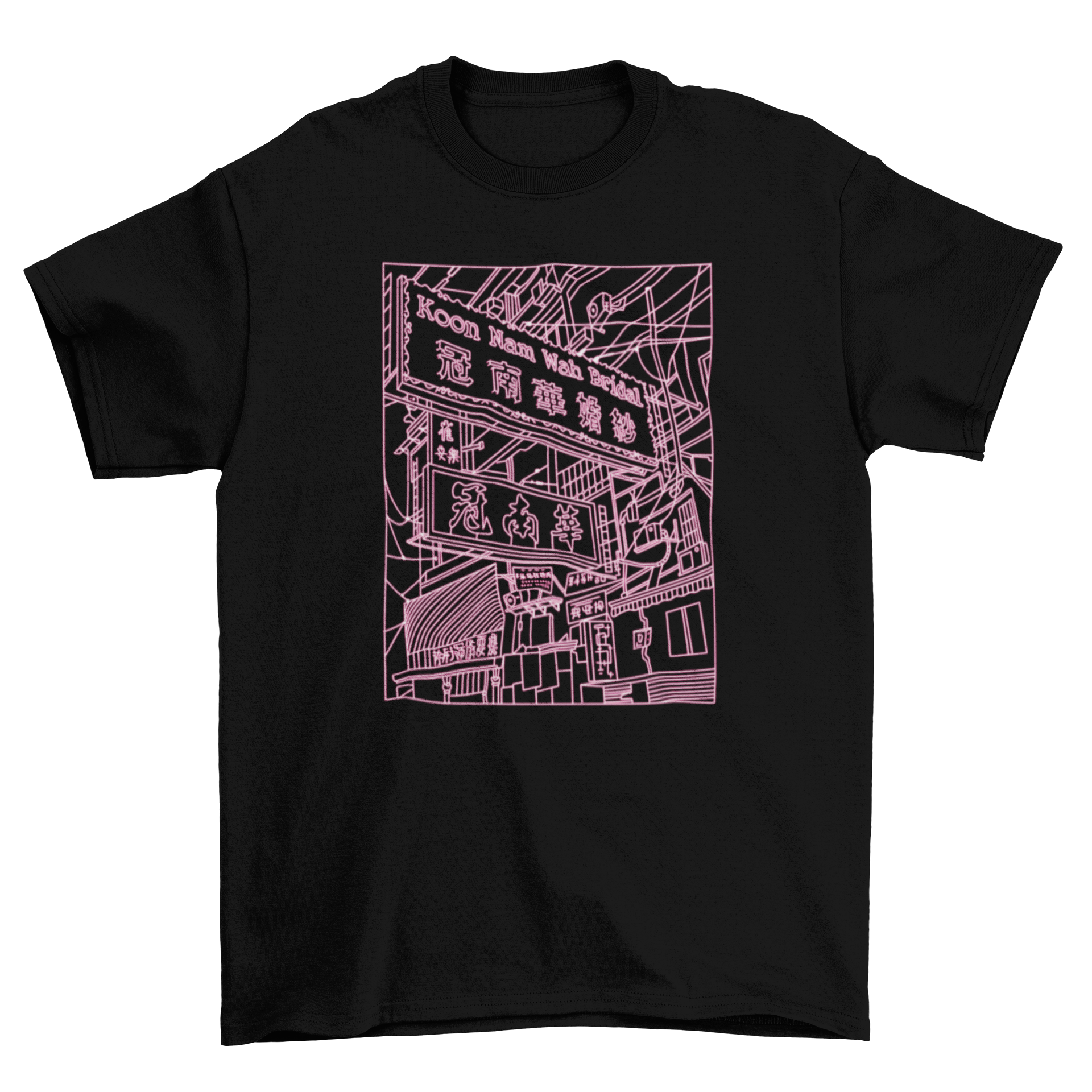 Tokyo street neon line art t-shirt featuring vibrant colors and intricate design.