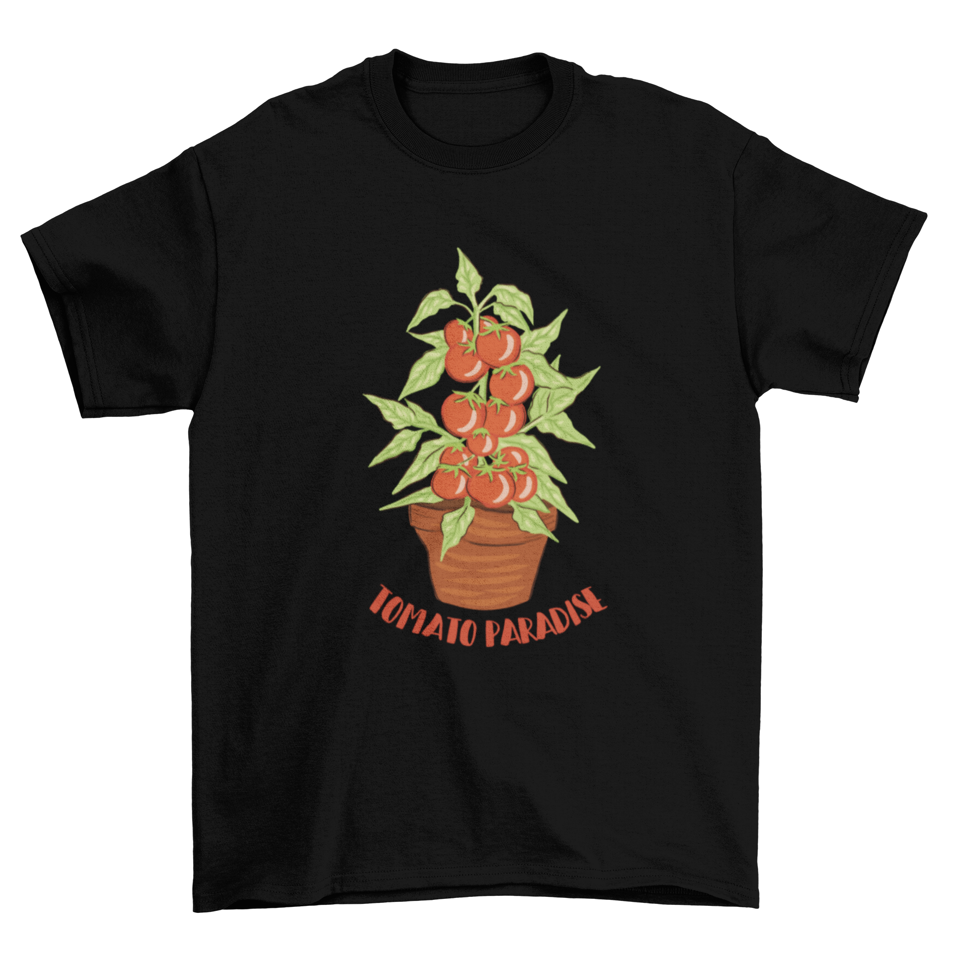 Tomato Paradise t-shirt design featuring a vibrant tomato plant and the caption 'Tomato Paradise'.