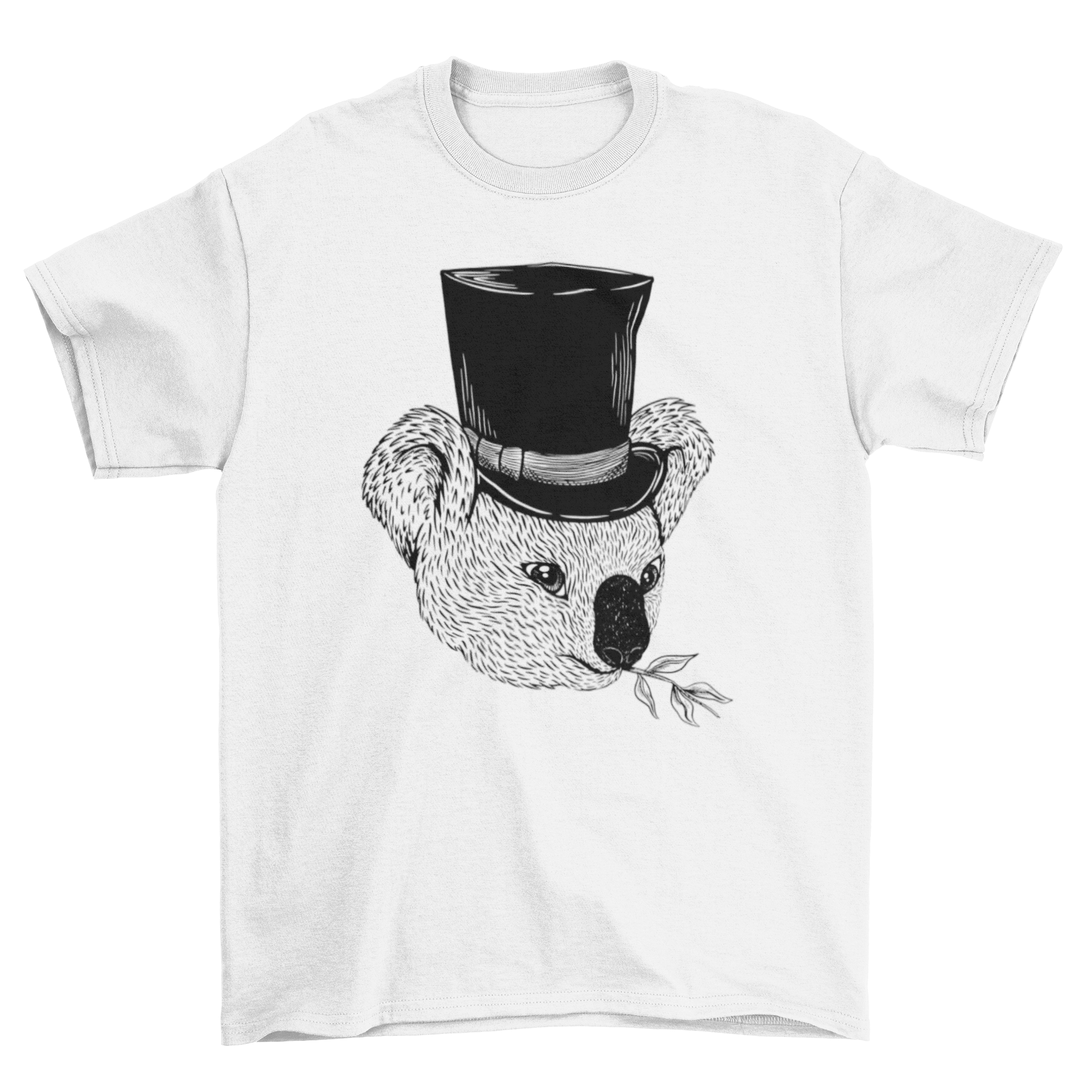 A stylish t-shirt featuring a hand-drawn koala wearing a top hat, showcasing a unique and artistic design.