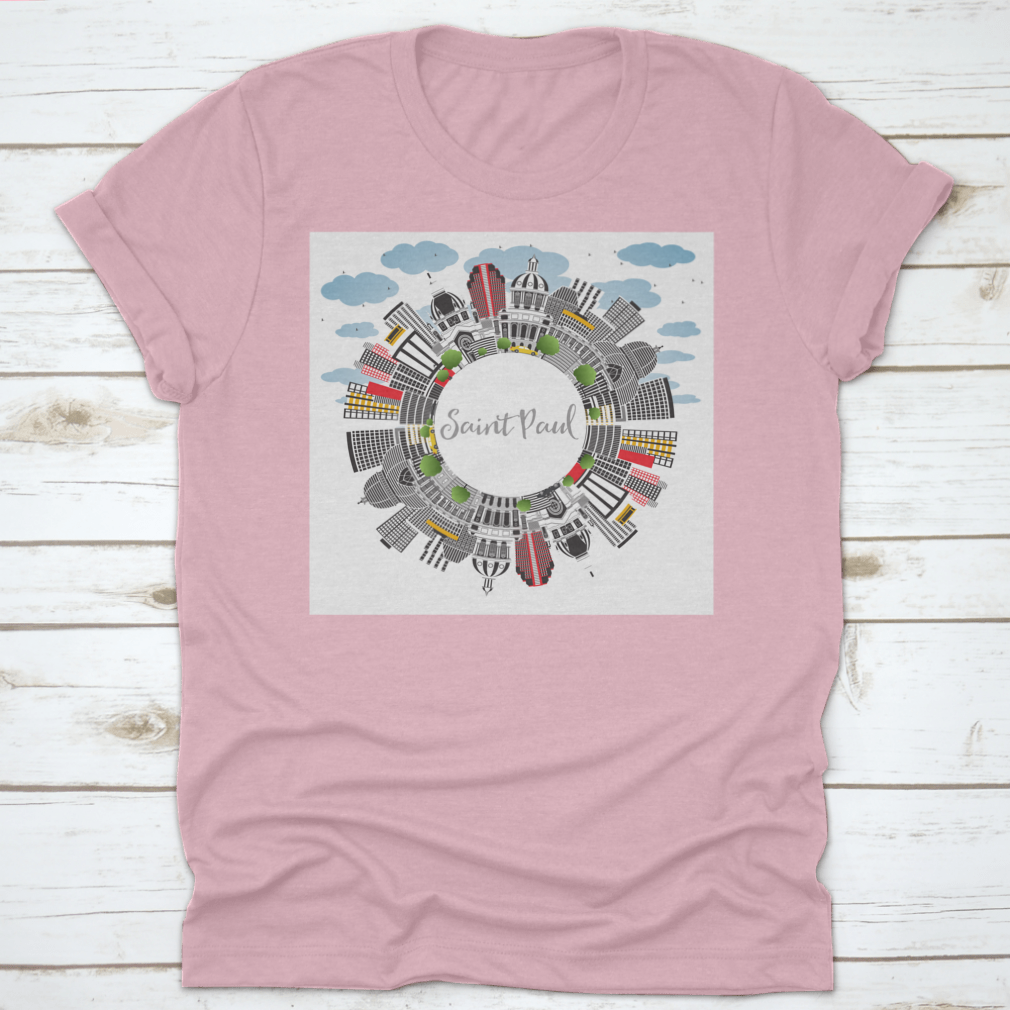 Top view of Saint Paul Minnesota skyline featuring buildings and clear skies, printed on a comfortable t-shirt.