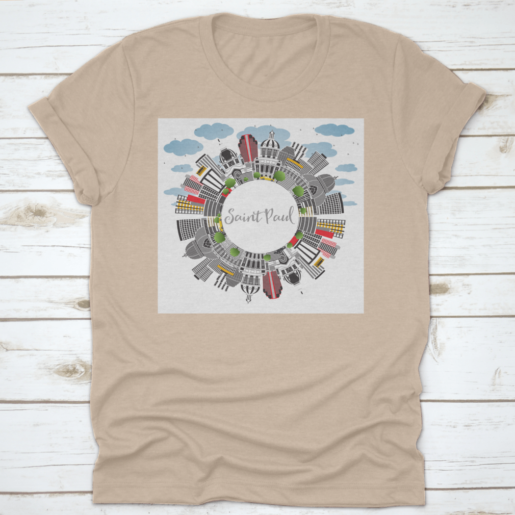 Top view of Saint Paul Minnesota skyline featuring buildings and clear skies, printed on a comfortable t-shirt.