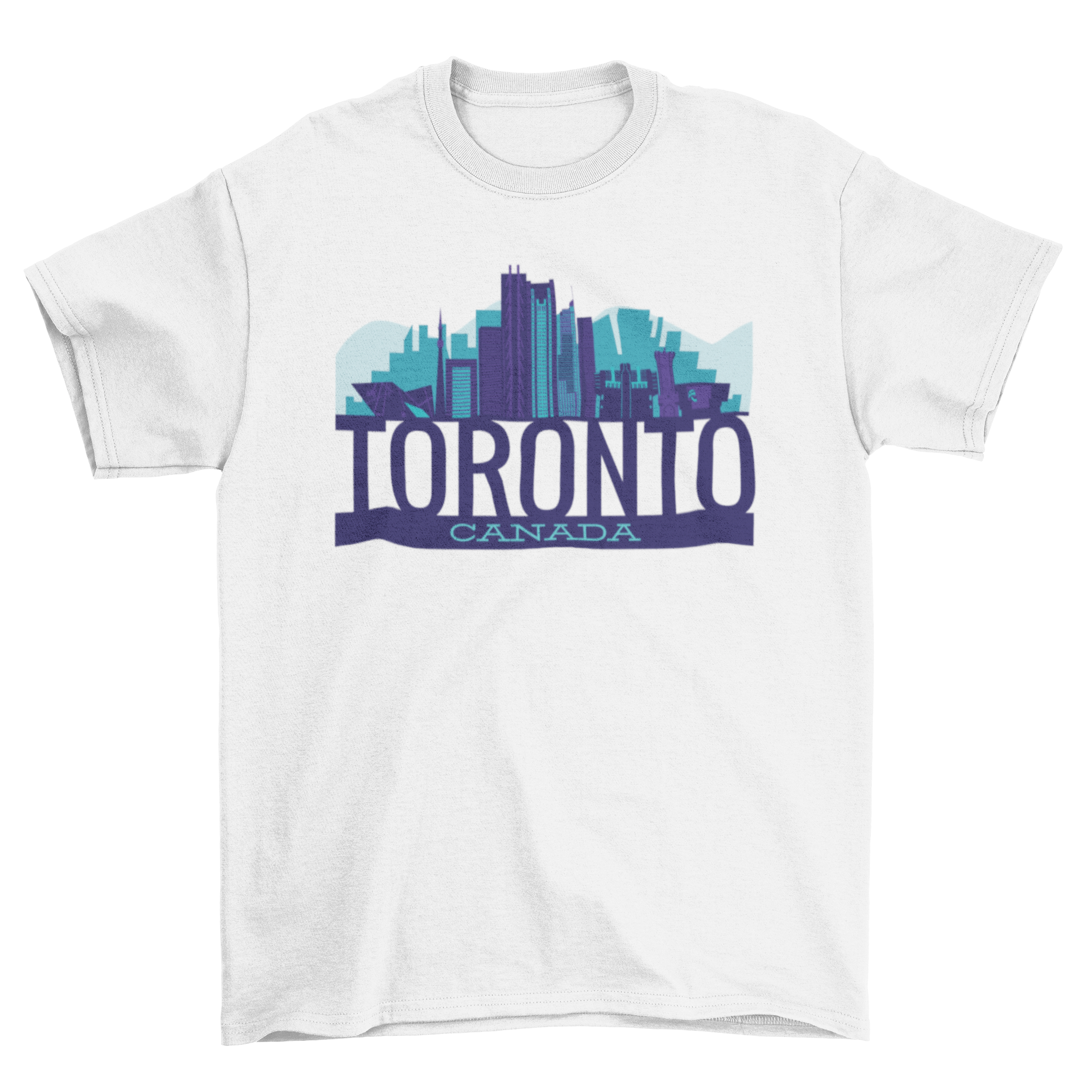 Toronto skyline t-shirt featuring iconic buildings and landmarks in blue tones with 'Toronto Canada' caption.