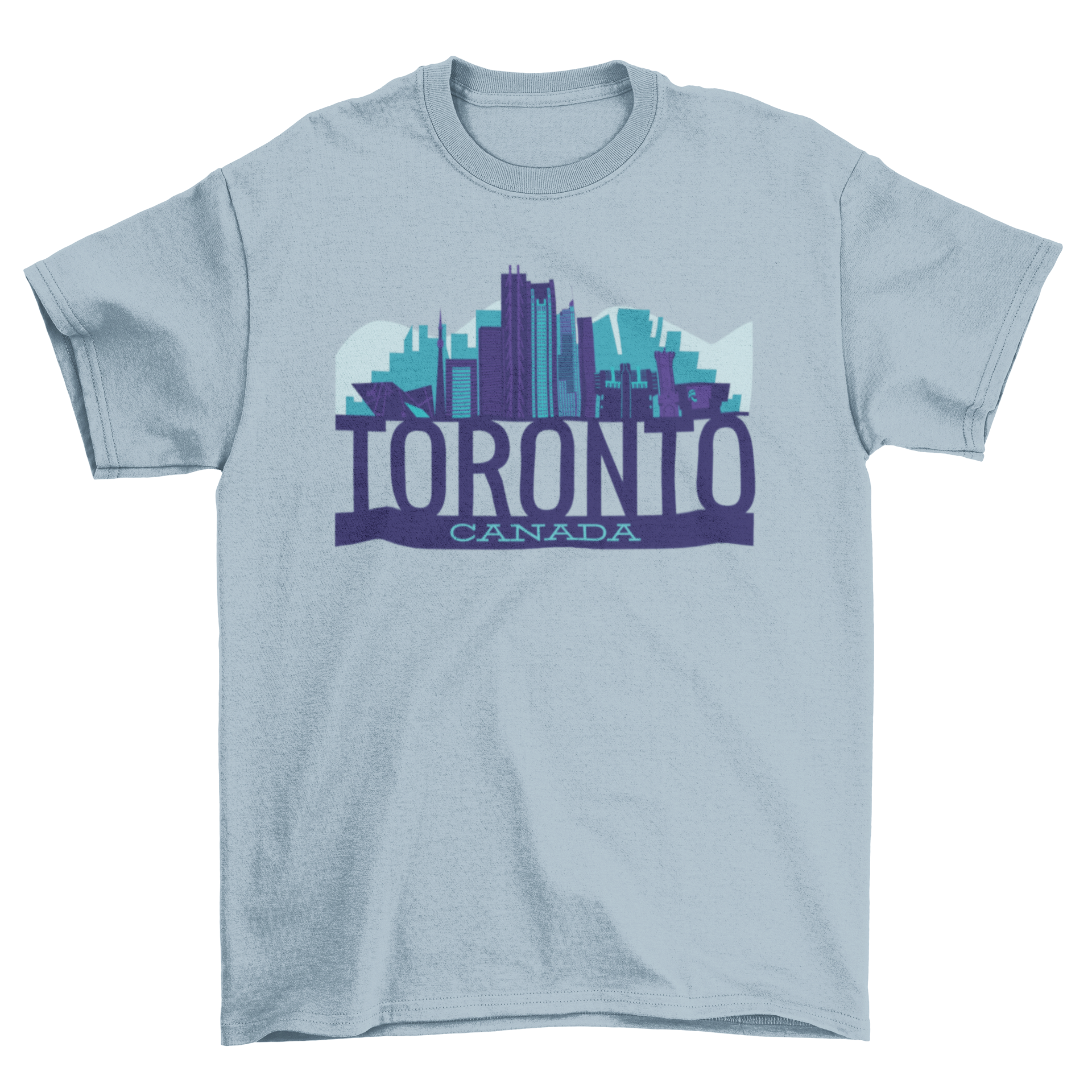 Toronto skyline t-shirt featuring iconic buildings and landmarks in blue tones with 'Toronto Canada' caption.