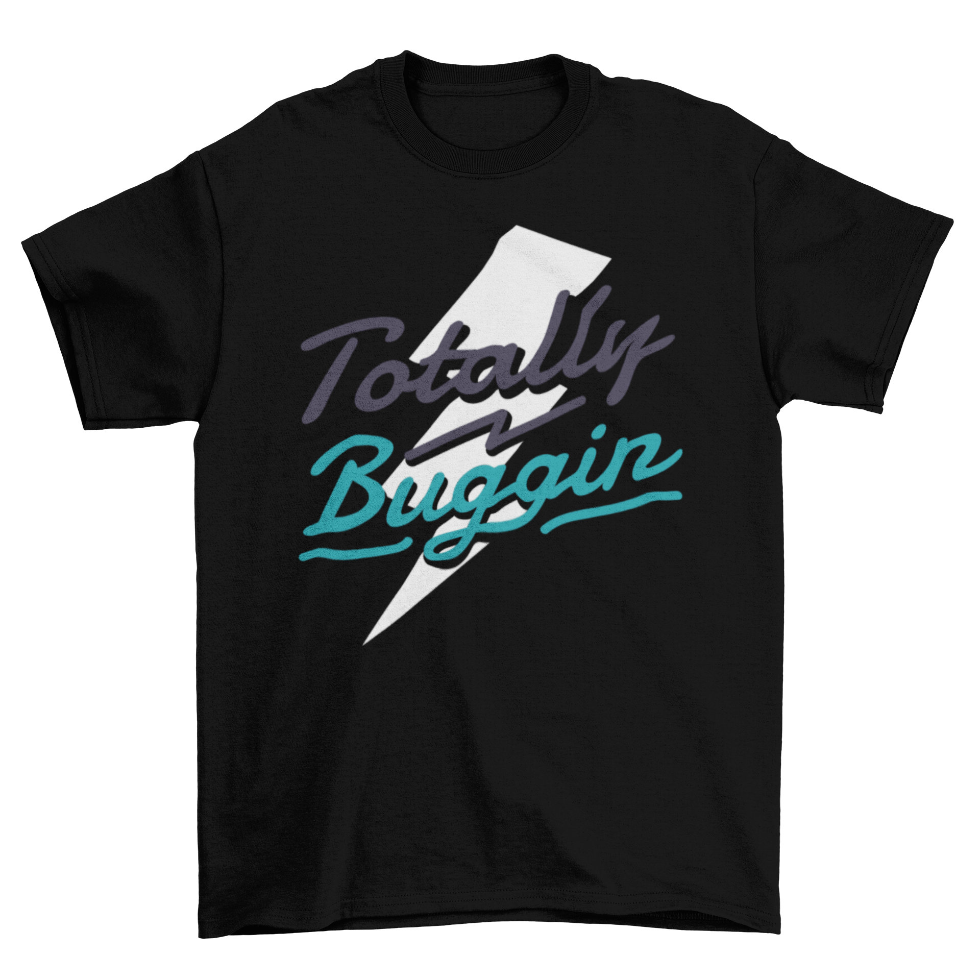Totally Buggin retro t-shirt featuring bold blue and white lettering over a lightning bolt background.