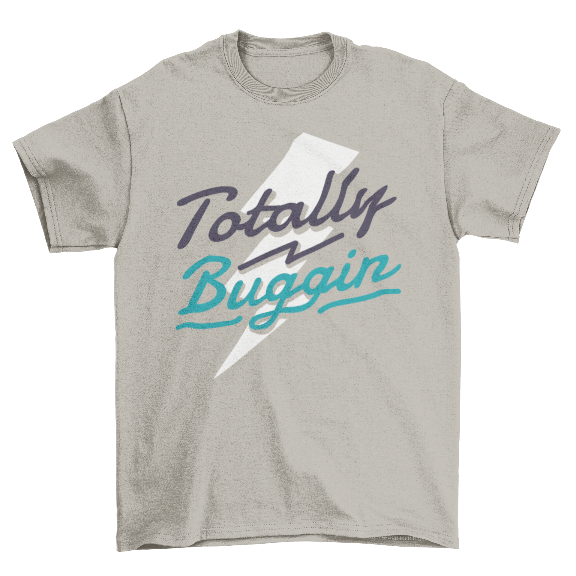 Totally Buggin retro t-shirt featuring bold blue and white lettering over a lightning bolt background.