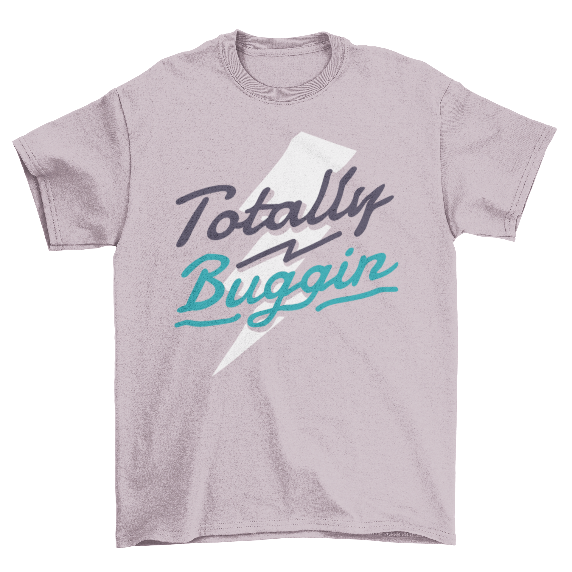 Totally Buggin retro t-shirt featuring bold blue and white lettering over a lightning bolt background.