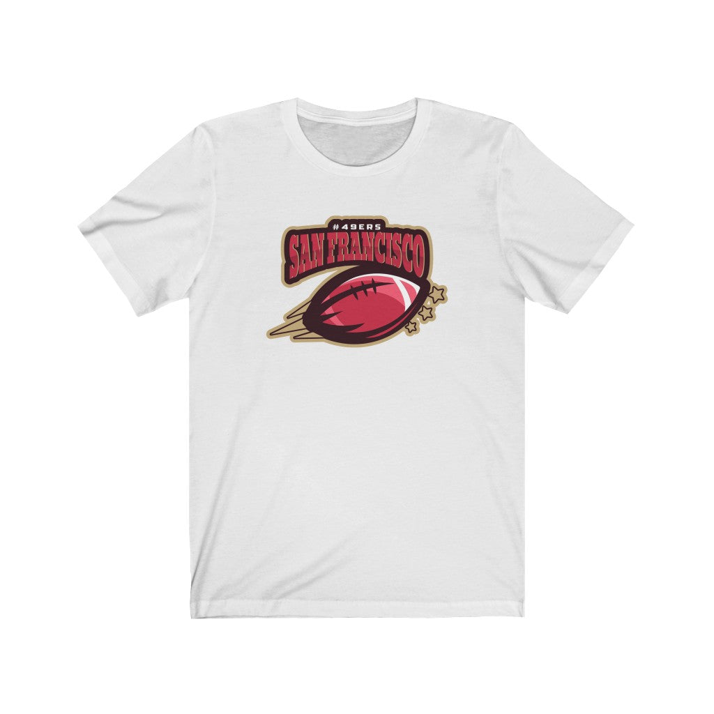 San Francisco 49ers Touchdown Football T-Shirt in soft cotton, featuring the team's logo and a unisex retail fit.