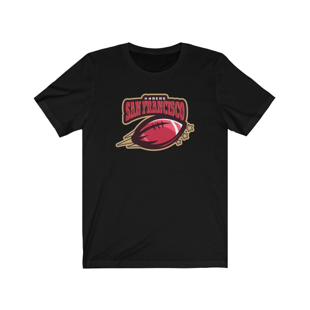 San Francisco 49ers Touchdown Football T-Shirt in soft cotton, featuring the team's logo and a unisex retail fit.