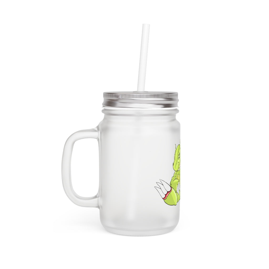 A stylish Toxcana Mason Jar made of frosted glass, featuring a straw and lid, perfect for personalized drinks.