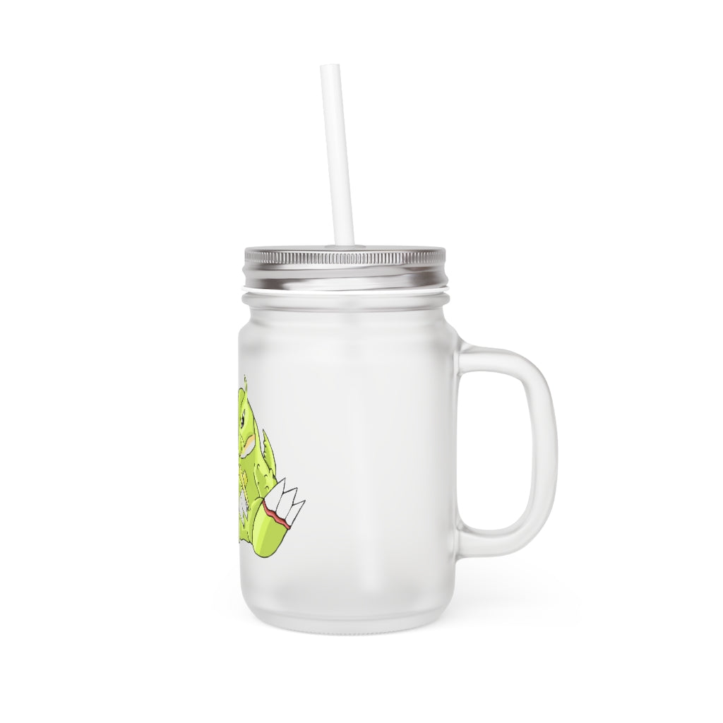 A stylish Toxcana Mason Jar made of frosted glass, featuring a straw and lid, perfect for personalized drinks.